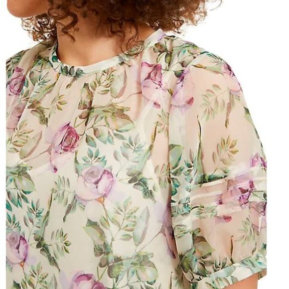 NWT  INC Floral Puff Sleeve Blouse, petite M - Picture 3 of 8